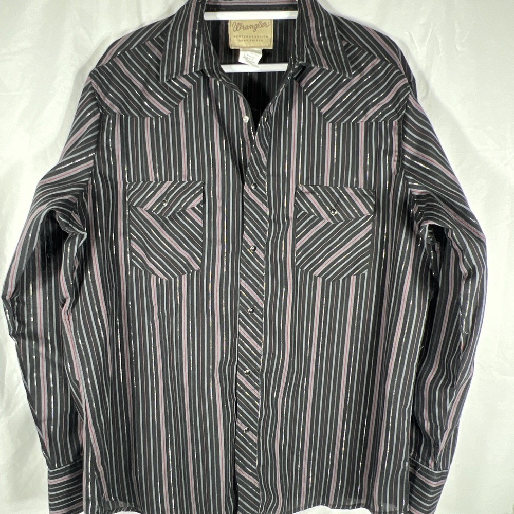 Wrangler Western Shirt Mens XL Black Metallic Long Sleeve Pearl Snap Button Up